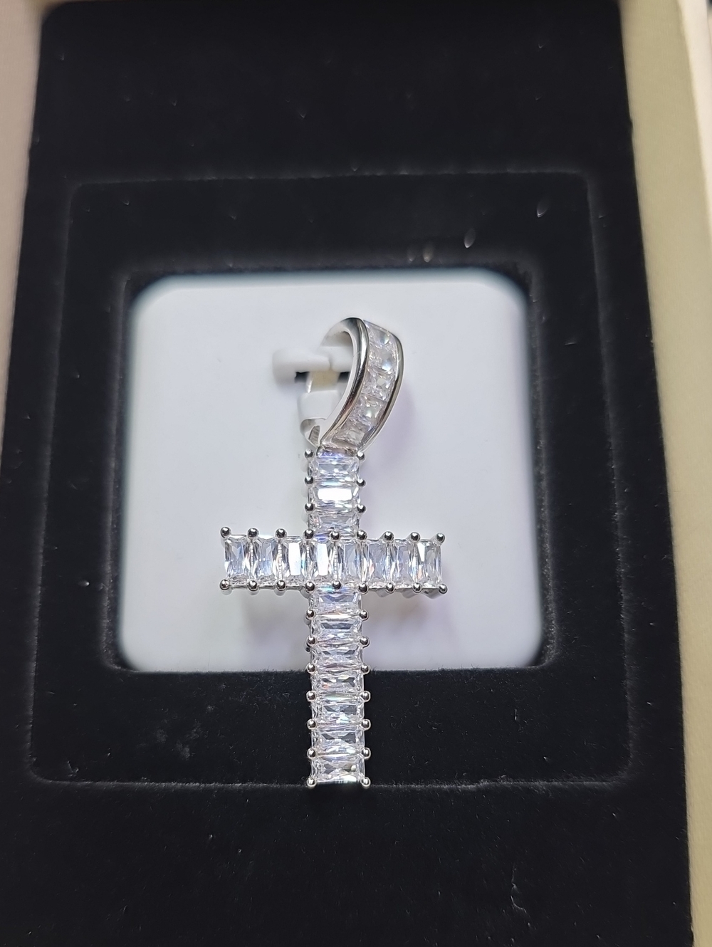 Sterling Silver Cross Pendant with Clear Baguette Spinel Stones
